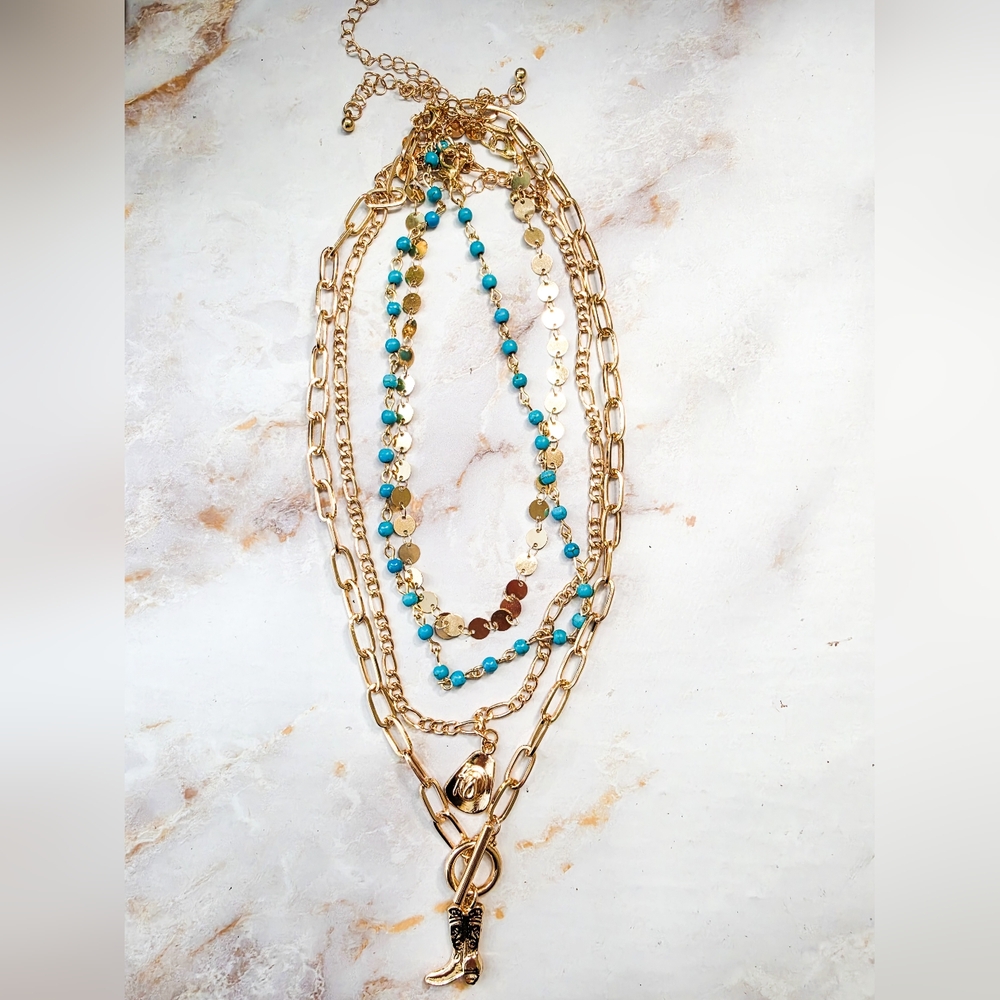 Gold Western Layered Necklace Set Cowboy Boot & Hat Charms Turquoise Beads - Picture 6 of 10
